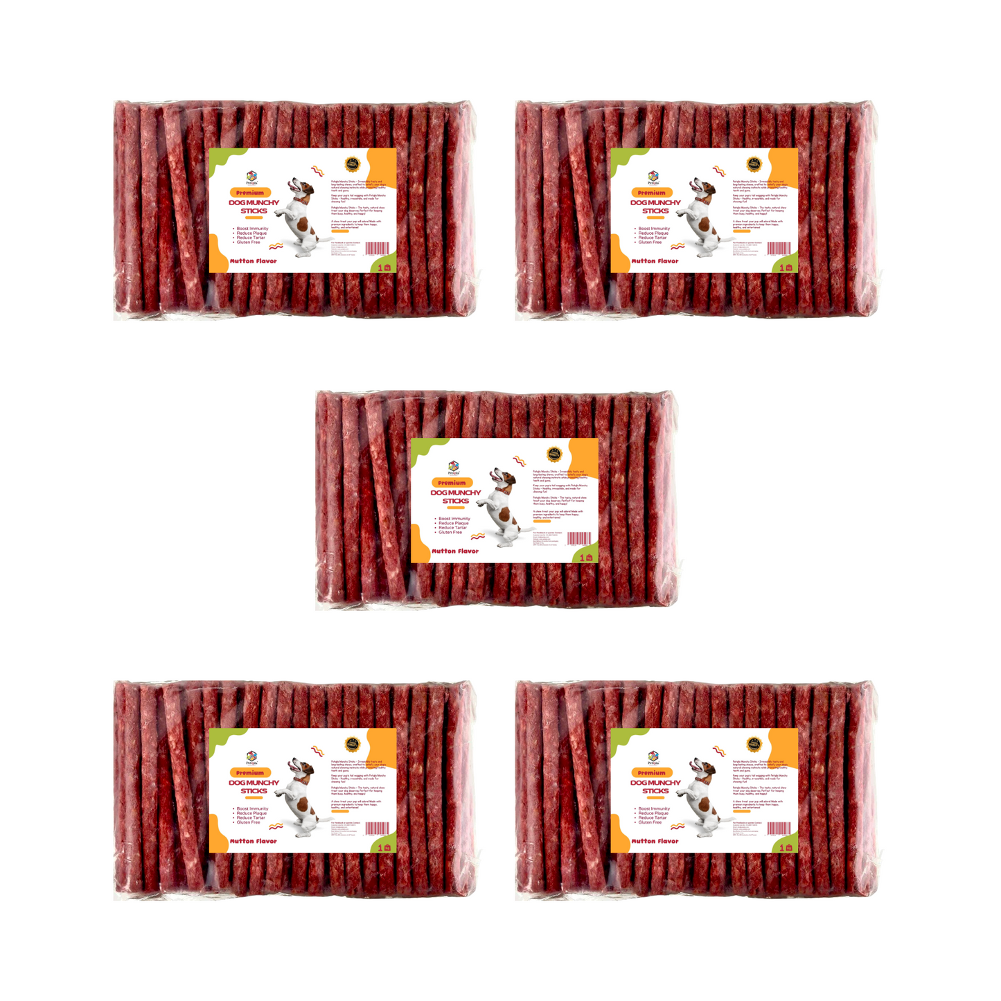 Five packages of dog treats with labels on a white background PetQila Brand