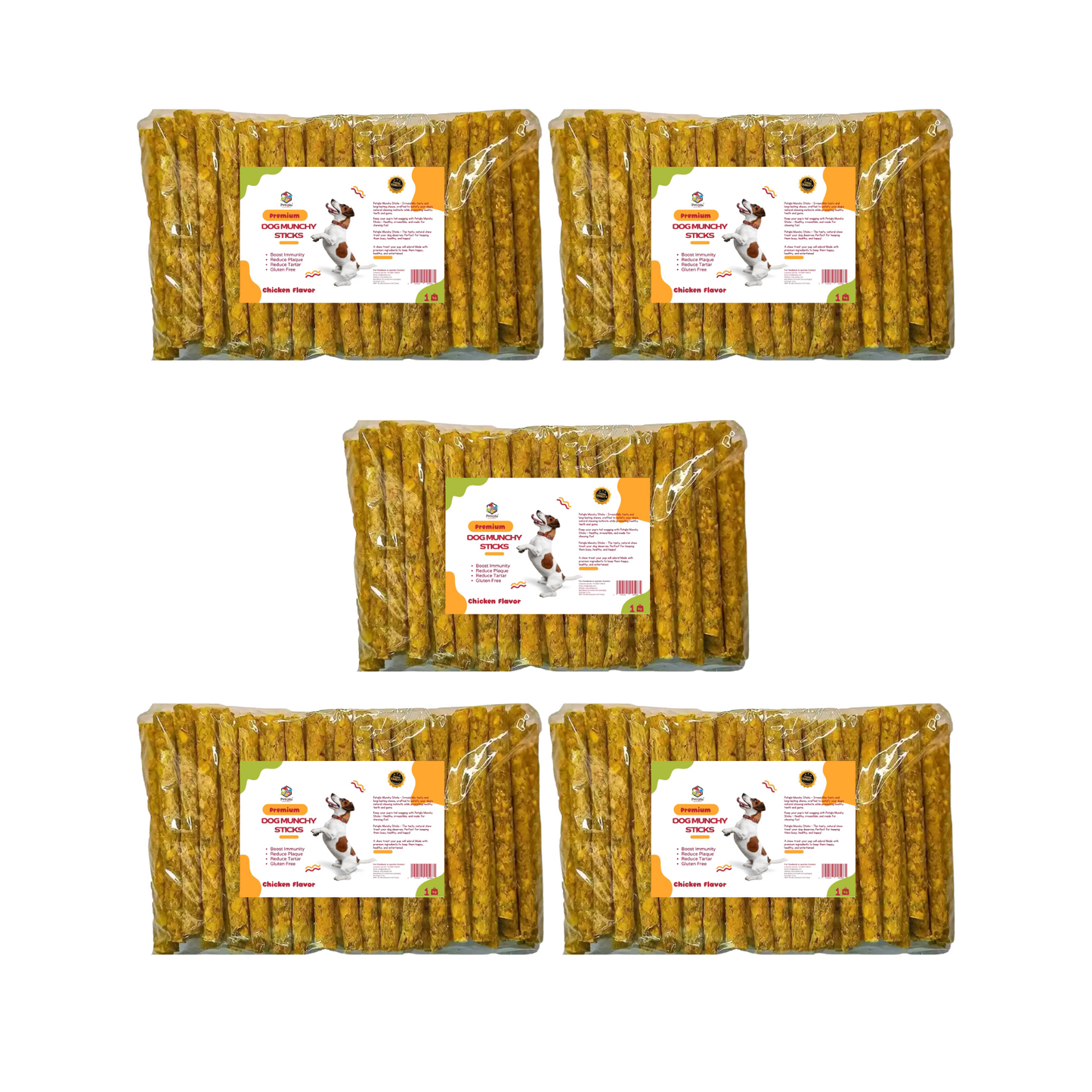 Five packages of dog treats with visible branding on a white background with PetQila brand name