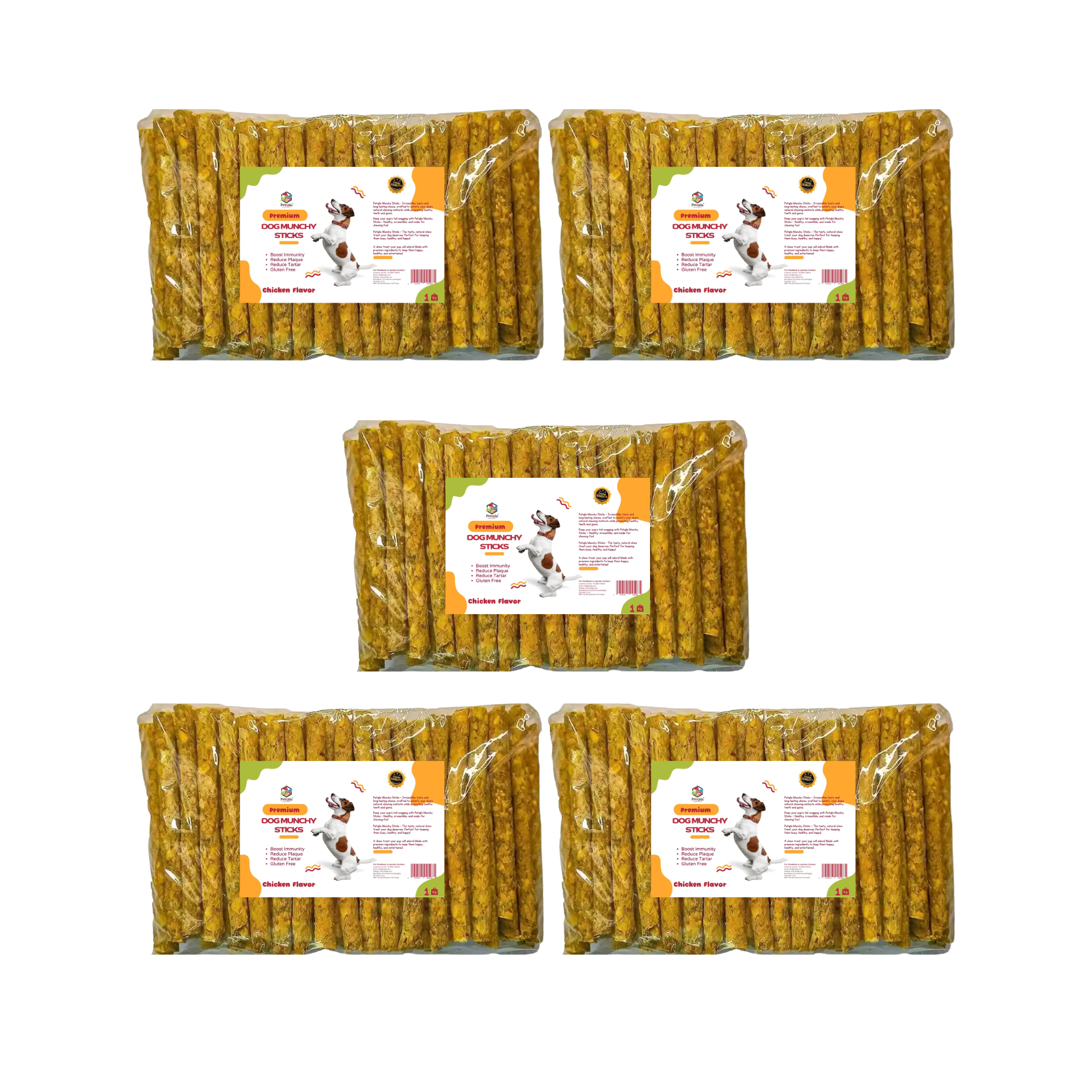 Five packages of dog treats with visible branding on a white background with PetQila brand name