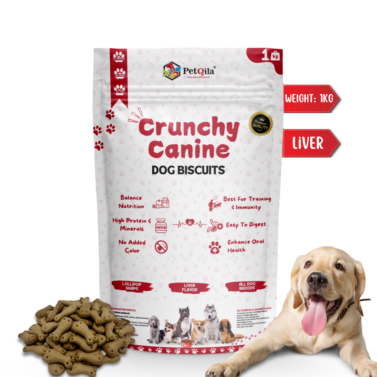 A package of Petqila Crunchy Canine Dog Biscuits in liver flavor, alongside a pile of dog biscuits and a happy dog lying in front of the package.