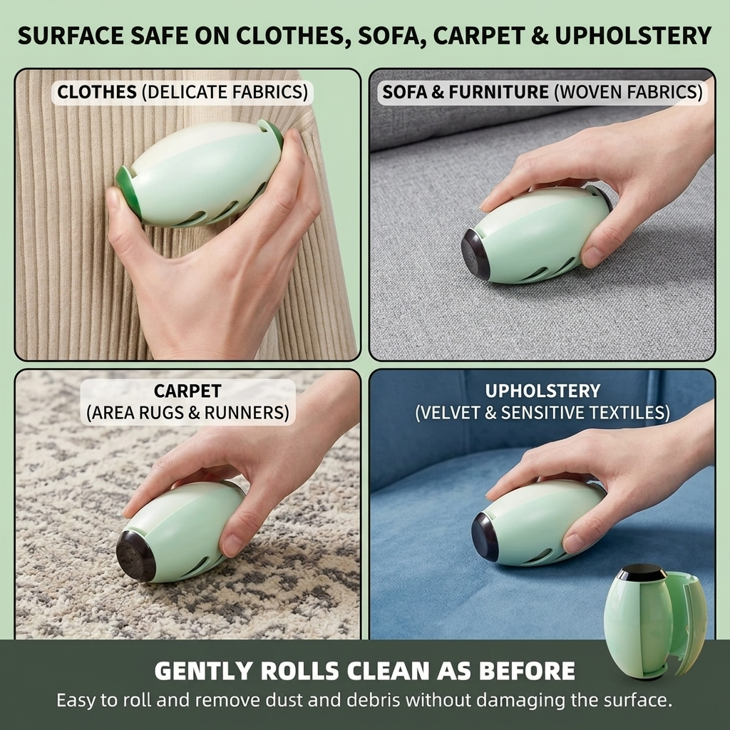 A 2x2 infographic showing a mint green handheld carpet cleaner being used on clothes, sofa/furniture, carpet, and upholstery. The image includes text labels for each use case and a small product detail inset at the bottom right.