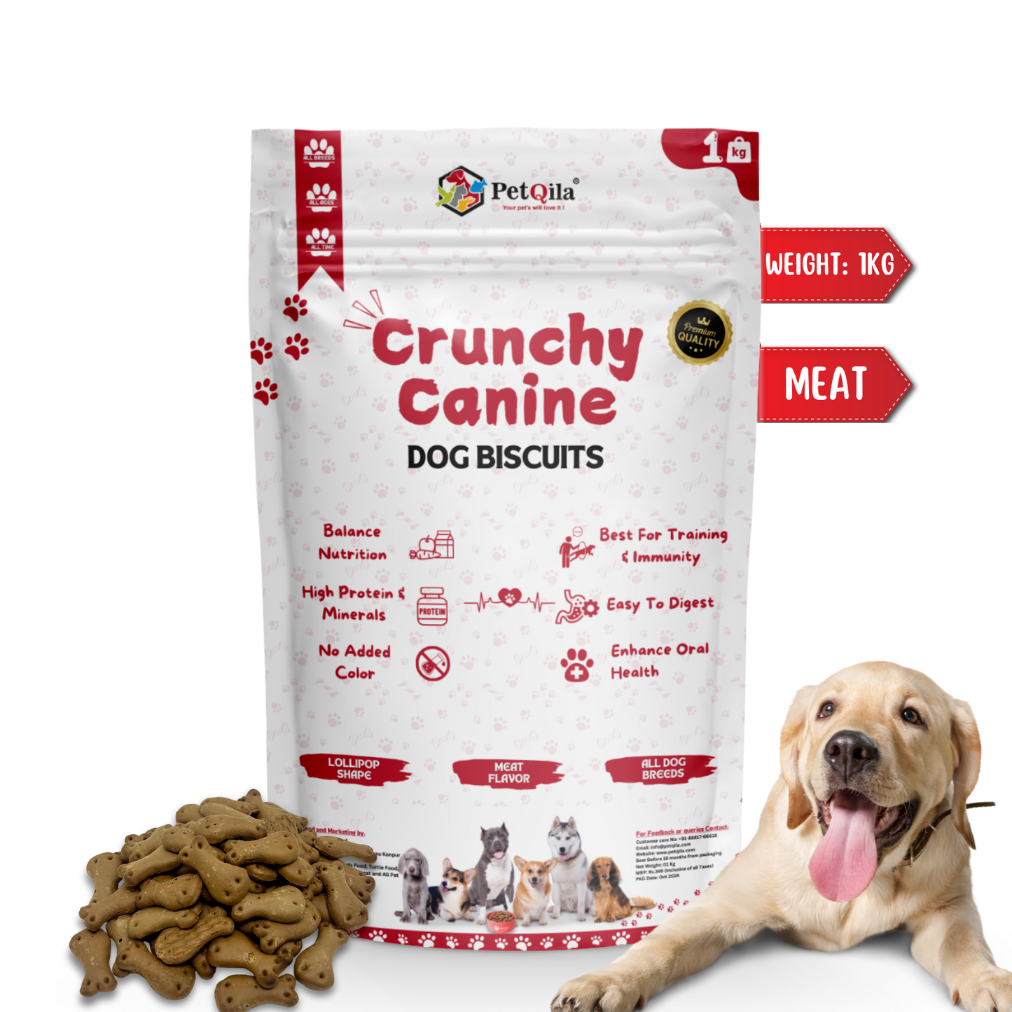 Petqila Crunchy Canine Dog Biscuits – Healthy & Delicious Treats for Dogs 1 KG Meat Flavor