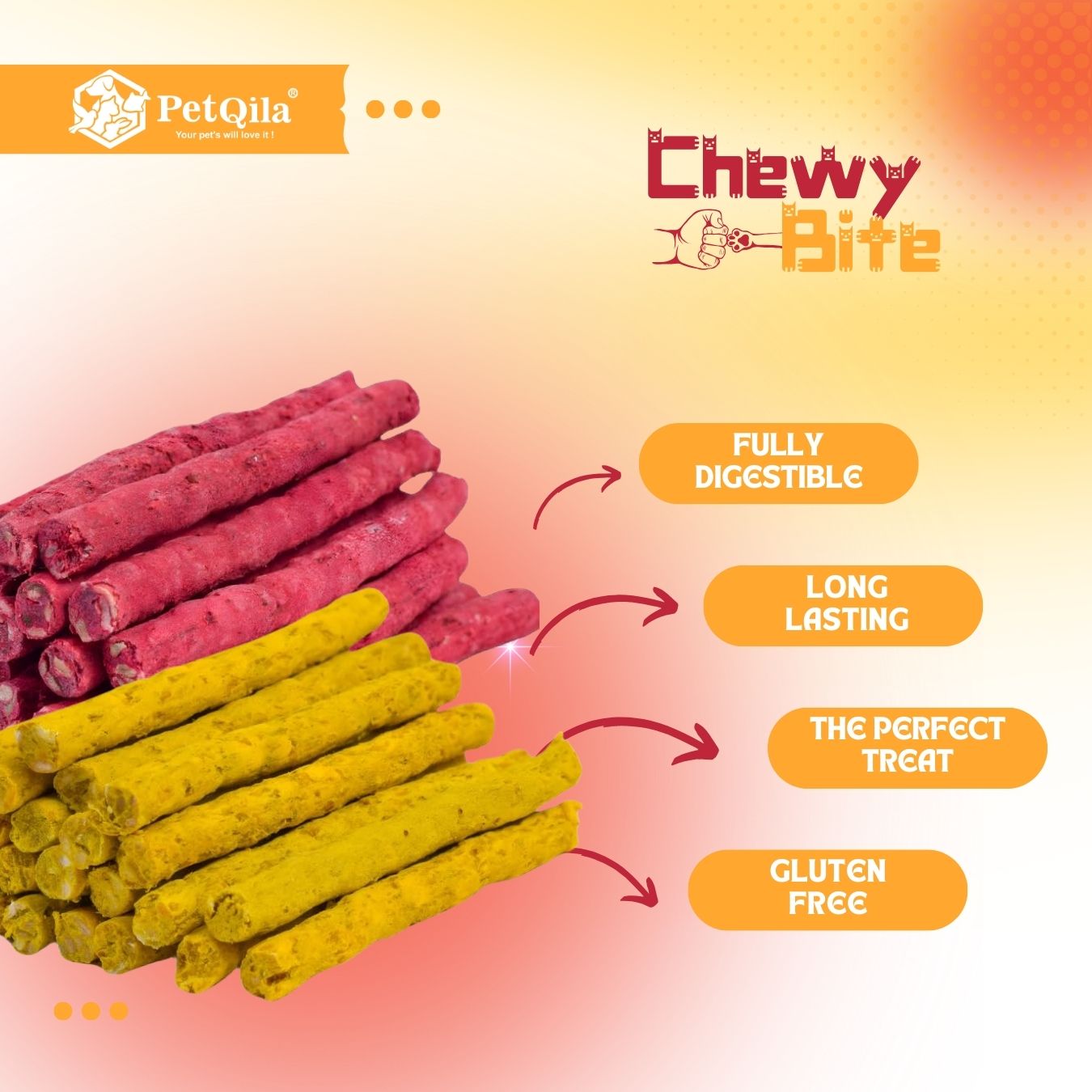 PetQila Chewy Bite treats with features listed on a gradient background