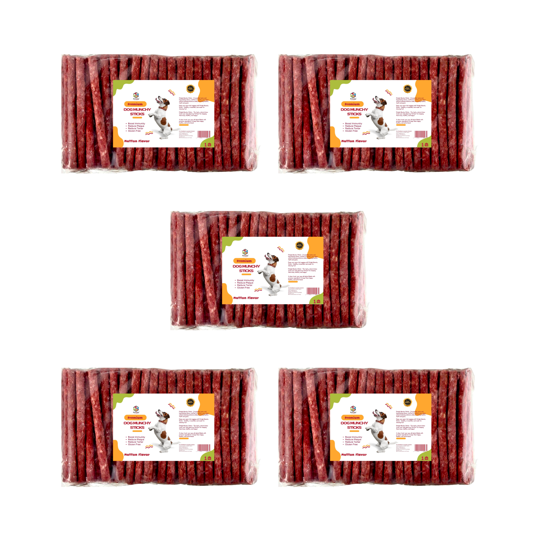 Five packages of dog treats with labels on a white background PetQila Brand