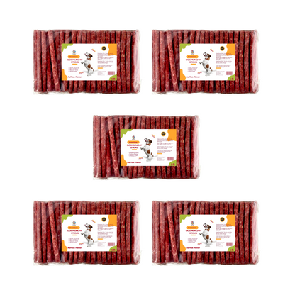 Five packages of dog treats with labels on a white background PetQila Brand