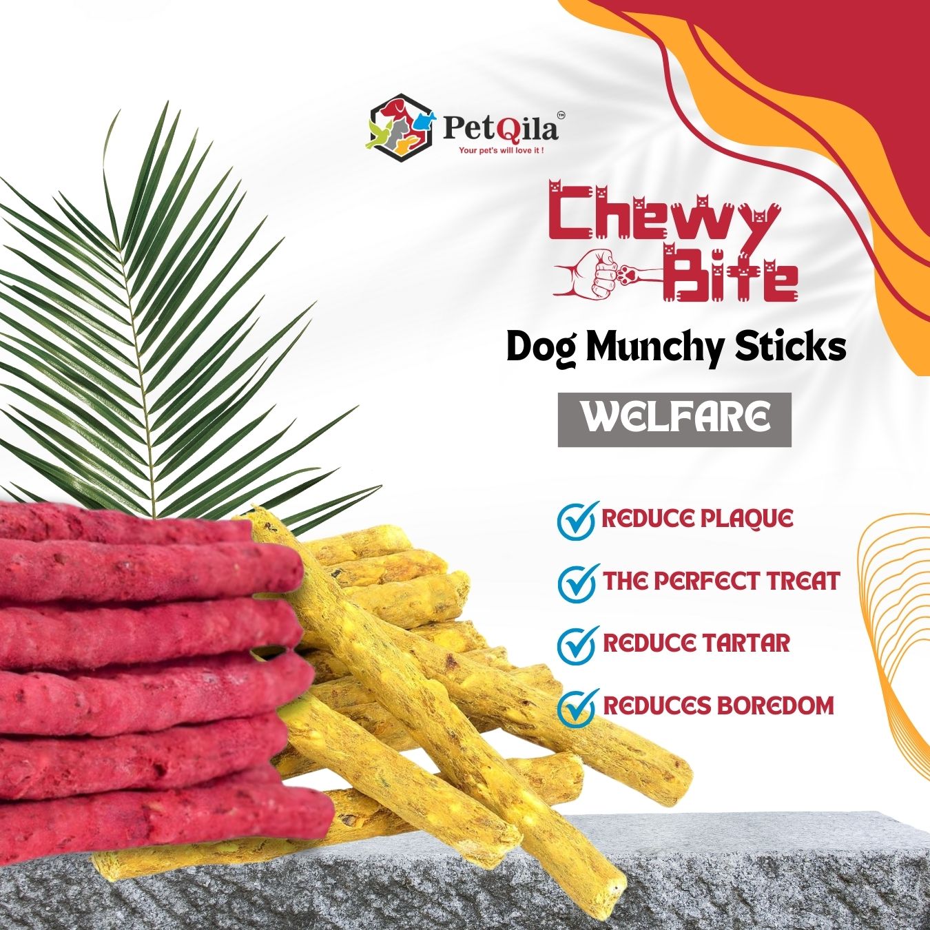 Dog chewy sticks with PetQila branding and product features on a white background