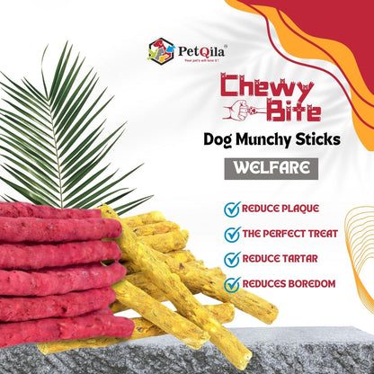 Dog chewy sticks with PetQila branding and product features on a white background
