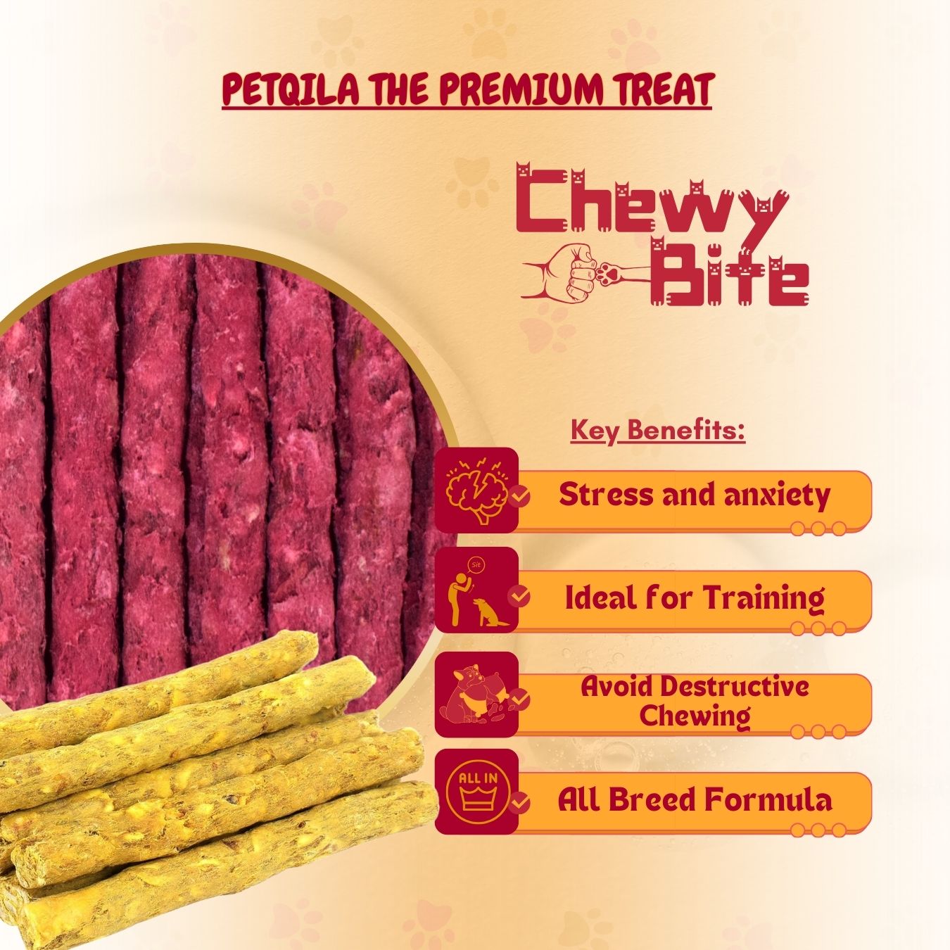 Pet product packaging for 'Chewy Bite' with text highlighting benefits on a beige background.