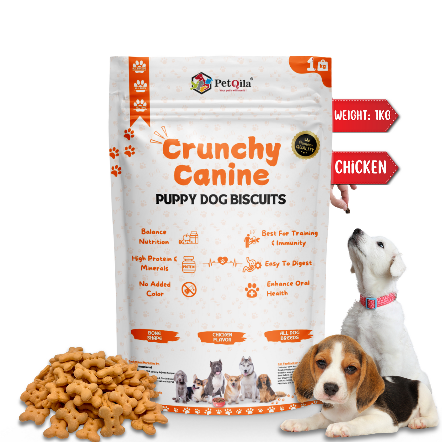 Petqila natural dog biscuits, healthy and crunchy treats made with all-natural ingredients, perfect for rewarding and training dogs.