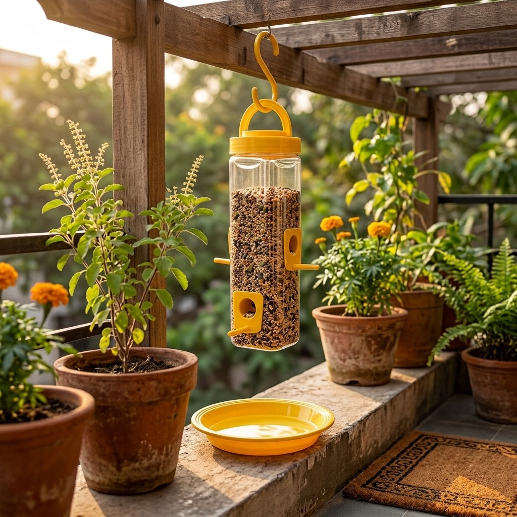 PetQila Hanging Bird Feeder with Seed Tray – Transparent Outdoor Bird Feeder for Balcony, Garden & Window